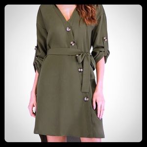 Green button-down, roll-sleeve, belted shirt dress
